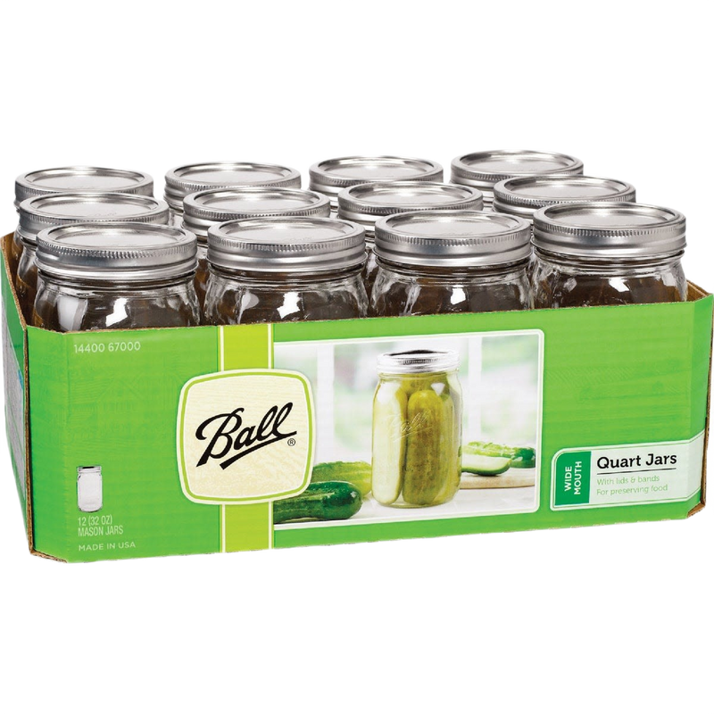 Pack of twelve wide-mouth clear glass quart jars with metal lids and bands, handcrafted in the USA for food preservation, canning, crafts, and kitchen use.