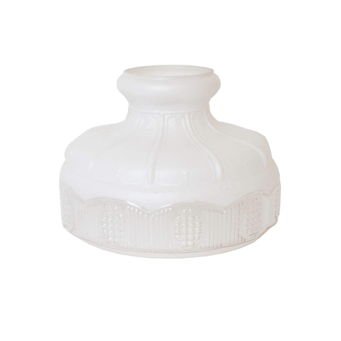 Opaque white glass oil lamp shade with embossed decorative patterns around the base and flared top, suitable for Lamps & Lighting, Parts and Accessories, and Lamp Shades collections.
