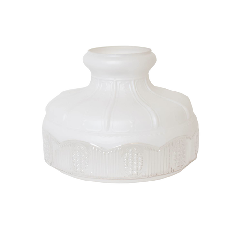 Opaque white glass oil lamp shade with embossed decorative patterns around the base and flared top, suitable for Lamps & Lighting, Parts and Accessories, and Lamp Shades collections.
