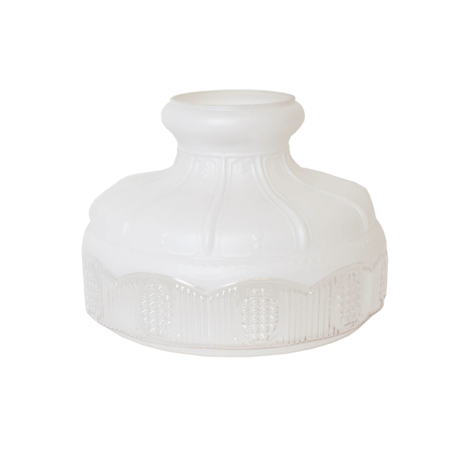 Opaque white glass oil lamp shade with embossed decorative patterns around the base and flared top, suitable for Lamps & Lighting, Parts and Accessories, and Lamp Shades collections.