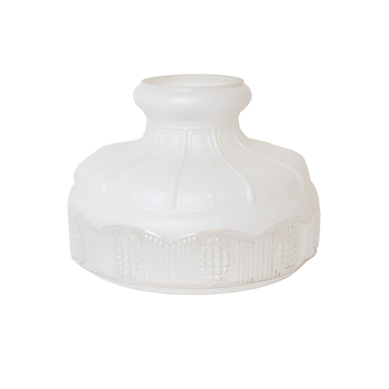 Opaque white glass oil lamp shade with embossed decorative patterns around the base and flared top, suitable for Lamps & Lighting, Parts and Accessories, and Lamp Shades collections.