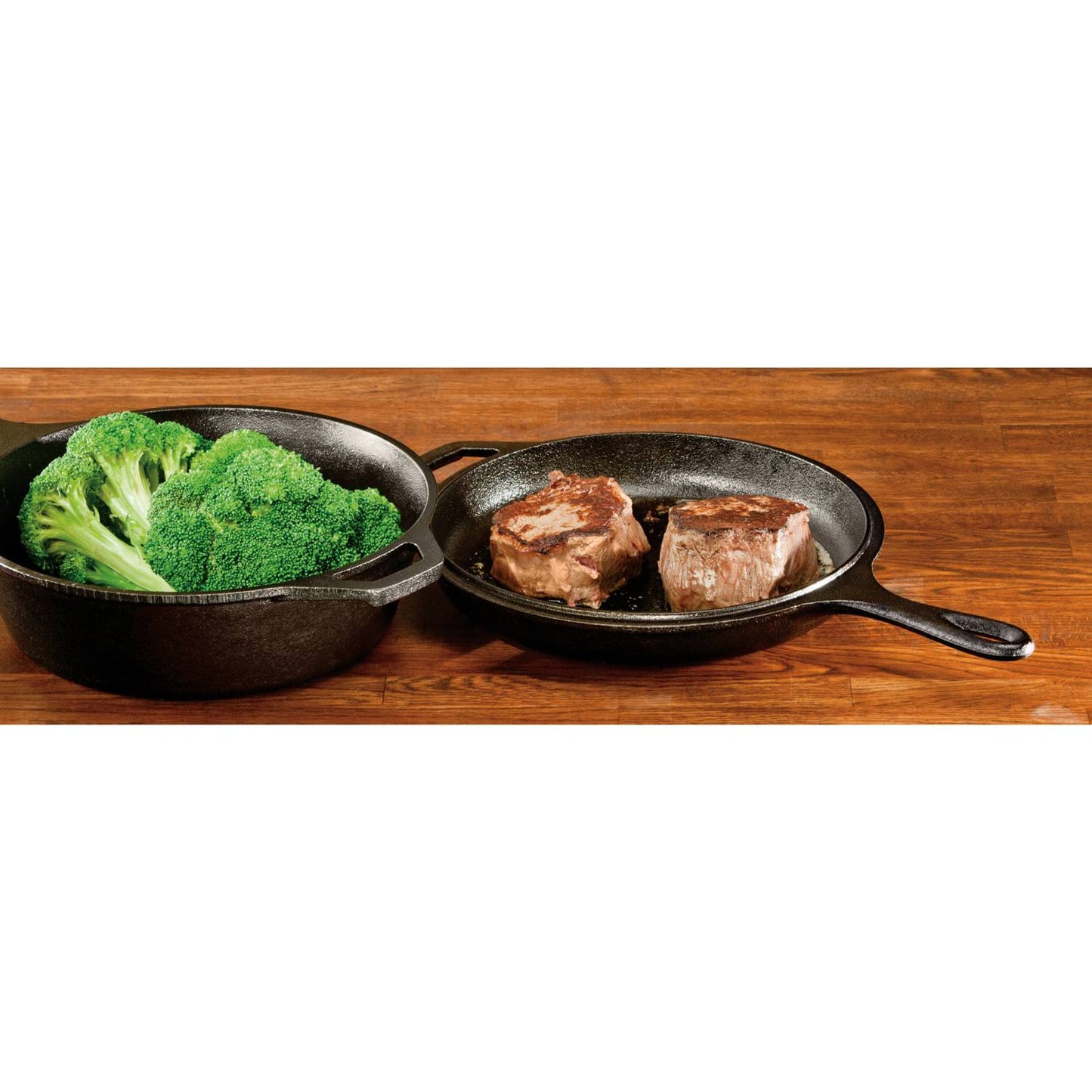 Handcrafted cast iron combo cookware set with deep skillet containing fresh broccoli and shallow skillet with seared steak pieces, part of Kitchen & Food, Cookware, Cast Iron, USA Made, Best Sellers collections.