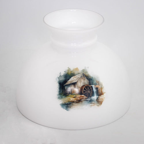 White glass lamp shade featuring a hand-painted rustic watermill scene, designed to softly diffuse light, perfect for lamps & lighting and lamp shade accessories collections.