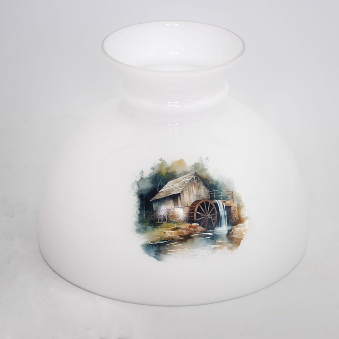 White glass lamp shade featuring a hand-painted rustic watermill scene, designed to softly diffuse light, perfect for lamps & lighting and lamp shade accessories collections.