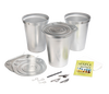 Set of three aluminum sap collection buckets with lids, spiles, hooks, tapping bit, and guide booklet, designed for maple sap harvesting in Farm, Garden & Tool and Orchard collections.