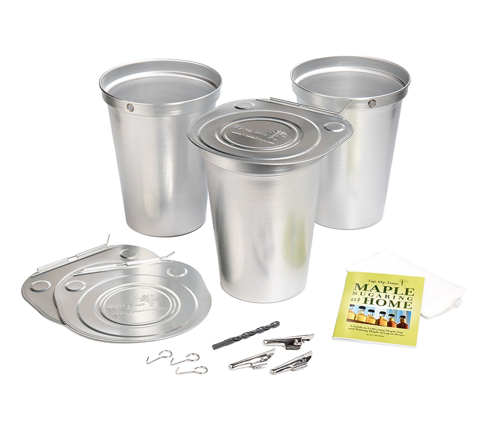 Set of three aluminum sap collection buckets with lids, spiles, hooks, tapping bit, and guide booklet, designed for maple sap harvesting in Farm, Garden & Tool and Orchard collections.