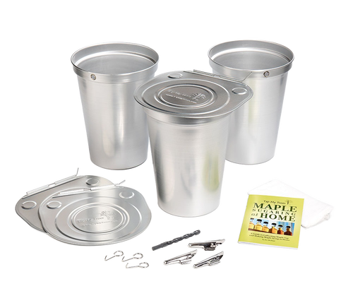 Set of three aluminum sap collection buckets with lids, spiles, hooks, tapping bit, and guide booklet, designed for maple sap harvesting in Farm, Garden & Tool and Orchard collections.