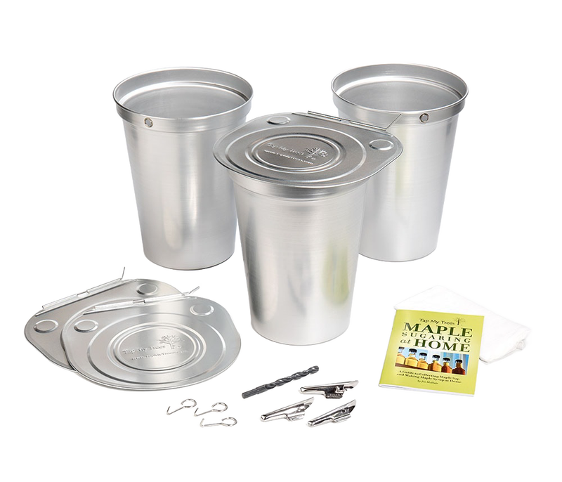 Set of three aluminum sap collection buckets with lids, spiles, hooks, tapping bit, and guide booklet, designed for maple sap harvesting in Farm, Garden & Tool and Orchard collections.
