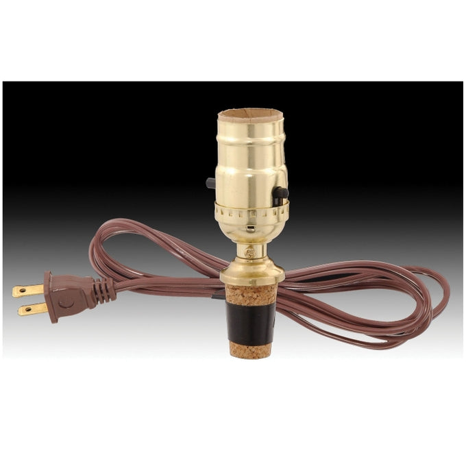 Brass-plated push-thru socket with cut-to-size cork adapter and brown six-foot cord, UL listed for electric light conversion; featured in Lamps & Lighting, Parts and Accessories, and Best Sellers collections.