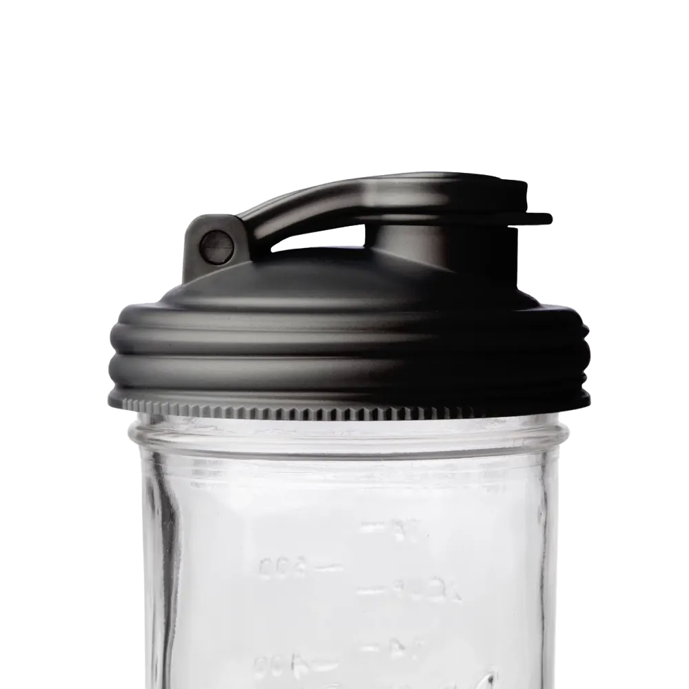 Black flip-top pour lid with carry loop designed for wide-mouth mason jars, made from durable no-break plastic, ideal for Kitchen & Food, Kitchen Gadgets, USA Made, and Best Sellers collections.