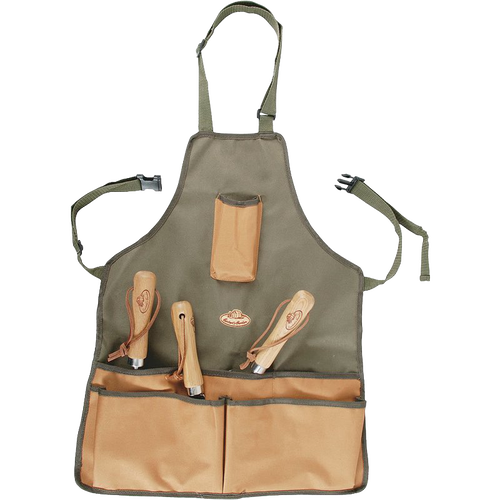 Durable canvas garden apron with multiple roomy pockets holding wooden-handled garden tools, designed for Farm, Garden & Tool, Garden Accessories, Seeds and Planting, and Best Sellers collections.