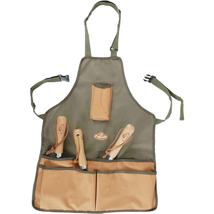 Durable canvas garden apron with multiple roomy pockets holding wooden-handled garden tools, designed for Farm, Garden & Tool, Garden Accessories, Seeds and Planting, and Best Sellers collections.