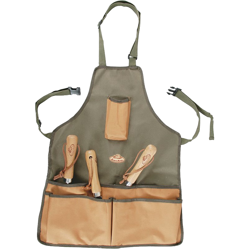 Durable canvas garden apron with multiple roomy pockets holding wooden-handled garden tools, designed for Farm, Garden & Tool, Garden Accessories, Seeds and Planting, and Best Sellers collections.