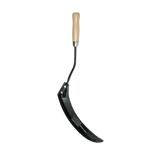 Grass hook with carbon steel black hammer powder-coated blade and weatherproofed hardwood handle, featuring a cranked hilt for ease of use, ideal for Farm, Garden & Tool and Lawncare collections.
