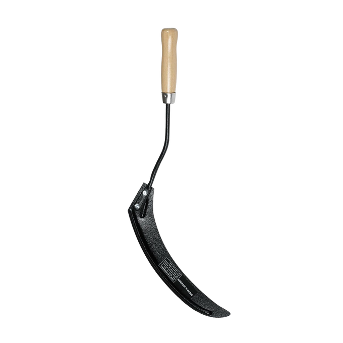 Grass hook with carbon steel black hammer powder-coated blade and weatherproofed hardwood handle, featuring a cranked hilt for ease of use, ideal for Farm, Garden & Tool and Lawncare collections.