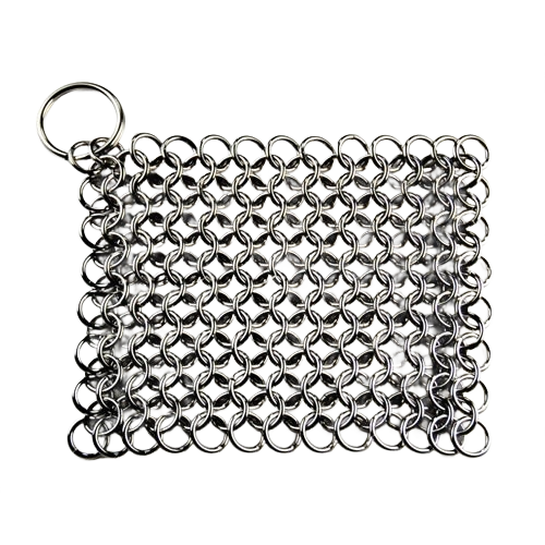 Handcrafted chainmail scrubber made of interlinked stainless steel rings with a keyring loop, designed for gently cleaning cast iron cookware and kitchen surfaces.
