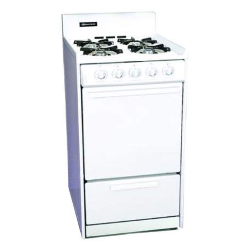 White handcrafted gas range with four burners, manual control knobs, and an oven door, featured in USA Made and Stoves collections for reliable, no-electricity cooking.