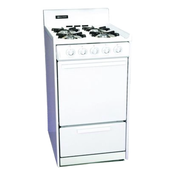 White handcrafted gas range with four burners, manual control knobs, and an oven door, featured in USA Made and Stoves collections for reliable, no-electricity cooking.