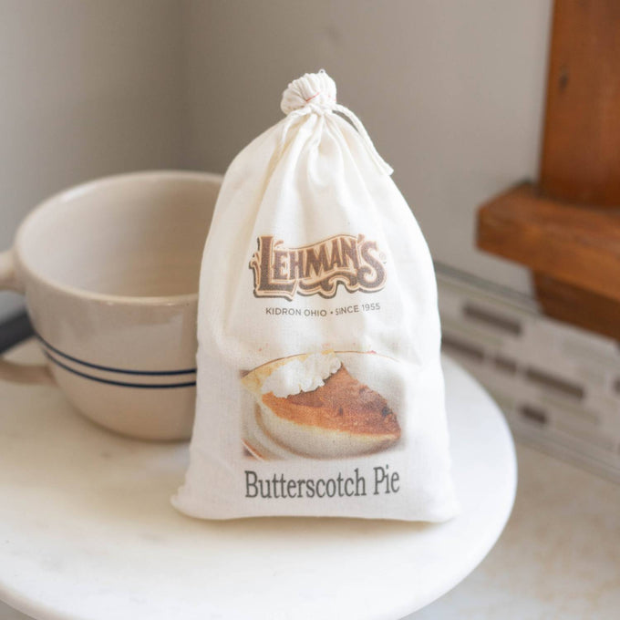 Soft cloth drawstring bag labeled for handcrafted butterscotch pie filling mix, showcasing Lehman’s branding, ideal for Kitchen & Food, Dry Goods and Mixes, and Best Sellers collections.