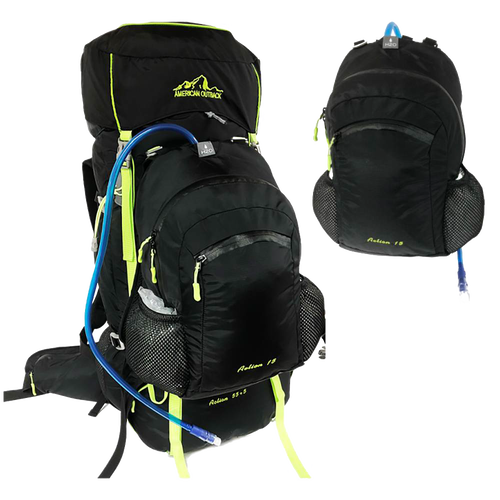 Black and lime hydration gear bag with detachable pack and hose, featuring adjustable frame system, watertight zippers, padded hip belt, and ventilation mesh, suited for Camping and Farm, Garden & Tool collections.