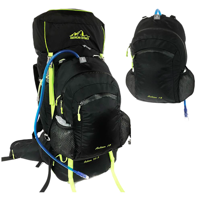 Black and lime hydration gear bag with detachable pack and hose, featuring adjustable frame system, watertight zippers, padded hip belt, and ventilation mesh, suited for Camping and Farm, Garden & Tool collections.