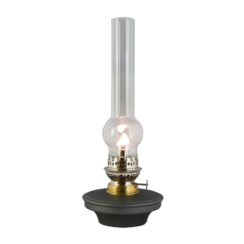 Tall clear glass oil lamp chimney with a distinctive bulge, fitted on a classic metal oil lamp base, featured in Lamps & Lighting, Parts and Accessories, Chimneys and Globes, Best Sellers, and Promo Eligible collections.