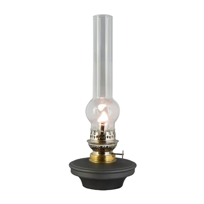 Tall clear glass oil lamp chimney with a distinctive bulge, fitted on a classic metal oil lamp base, featured in Lamps & Lighting, Parts and Accessories, Chimneys and Globes, Best Sellers, and Promo Eligible collections.