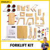DIY forklift kit featuring pre-cut wooden parts, plastic wheels, screws, nails, sandpaper, paint, and instructions, perfect for children's wooden toys, arts and crafts, and indoor play collections.