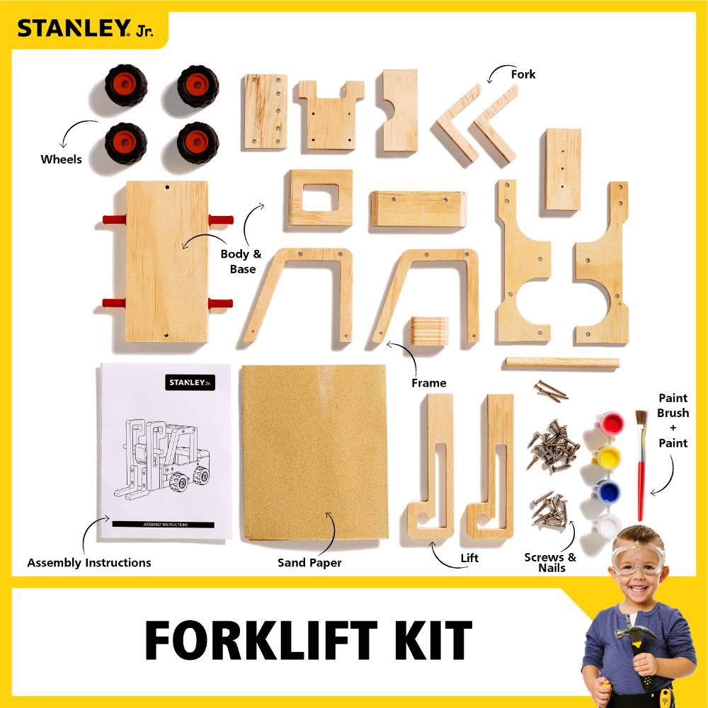 DIY forklift kit featuring pre-cut wooden parts, plastic wheels, screws, nails, sandpaper, paint, and instructions, perfect for children's wooden toys, arts and crafts, and indoor play collections.
