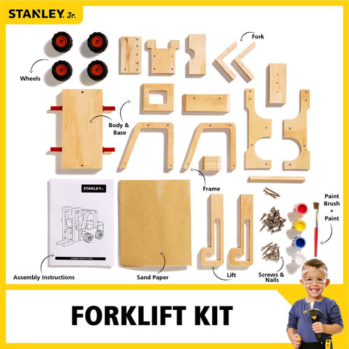 DIY forklift kit featuring pre-cut wooden parts, plastic wheels, screws, nails, sandpaper, paint, and instructions, perfect for children's wooden toys, arts and crafts, and indoor play collections.