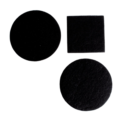 Two sets of black charcoal compost pail filters in round and square shapes, designed to control odors in kitchen composting, suitable for farm, garden, and kitchen use.