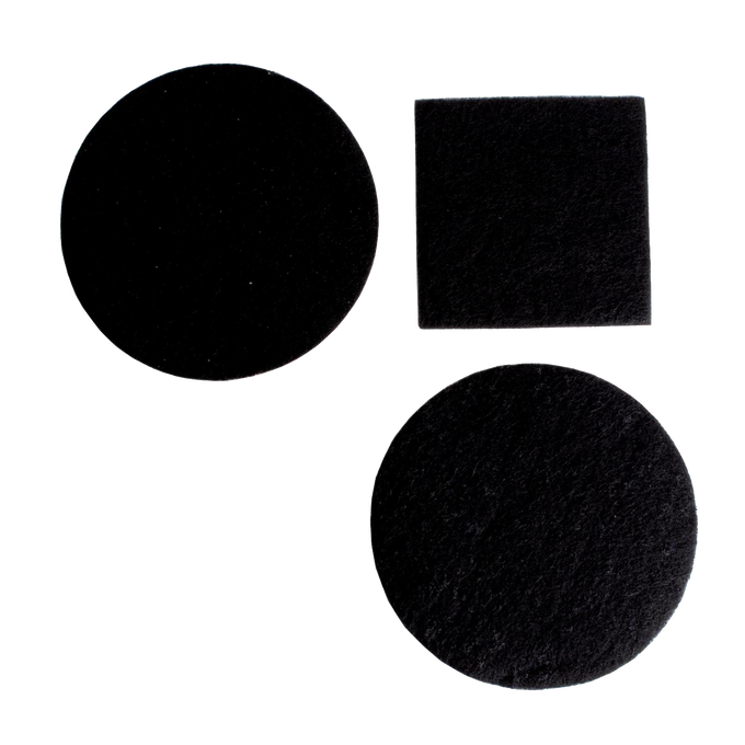 Two sets of black charcoal compost pail filters in round and square shapes, designed to control odors in kitchen composting, suitable for farm, garden, and kitchen use.