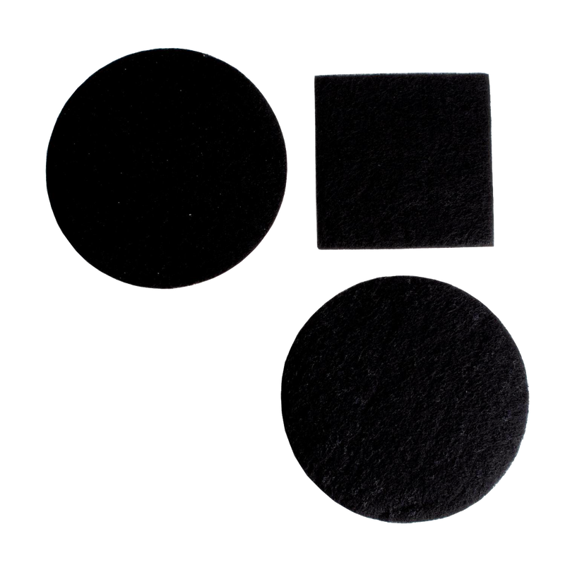 Two sets of black charcoal compost pail filters in round and square shapes, designed to control odors in kitchen composting, suitable for farm, garden, and kitchen use.