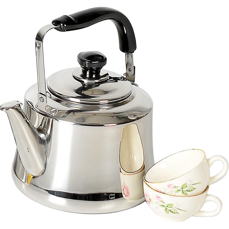 Polished stainless steel kettle with a large pour spout and black handle, shown with two floral porcelain tea cups, ideal for Kitchen & Food and Brewing Coffee and Tea collections.