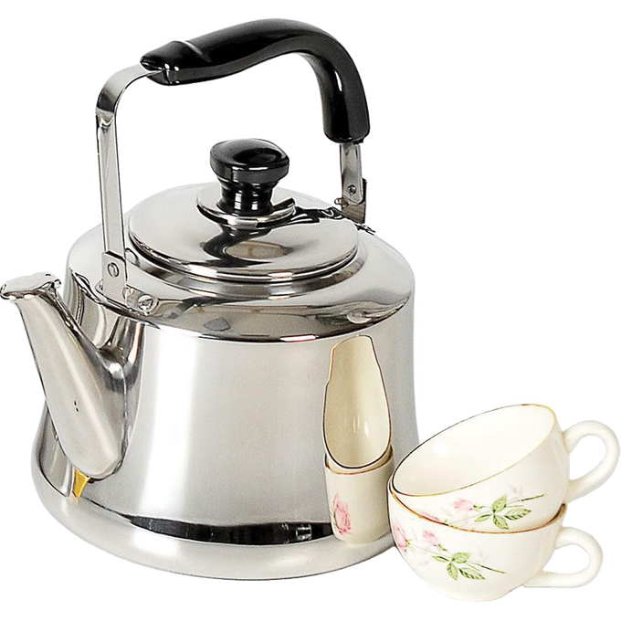 Polished stainless steel kettle with a large pour spout and black handle, shown with two floral porcelain tea cups, ideal for Kitchen & Food and Brewing Coffee and Tea collections.