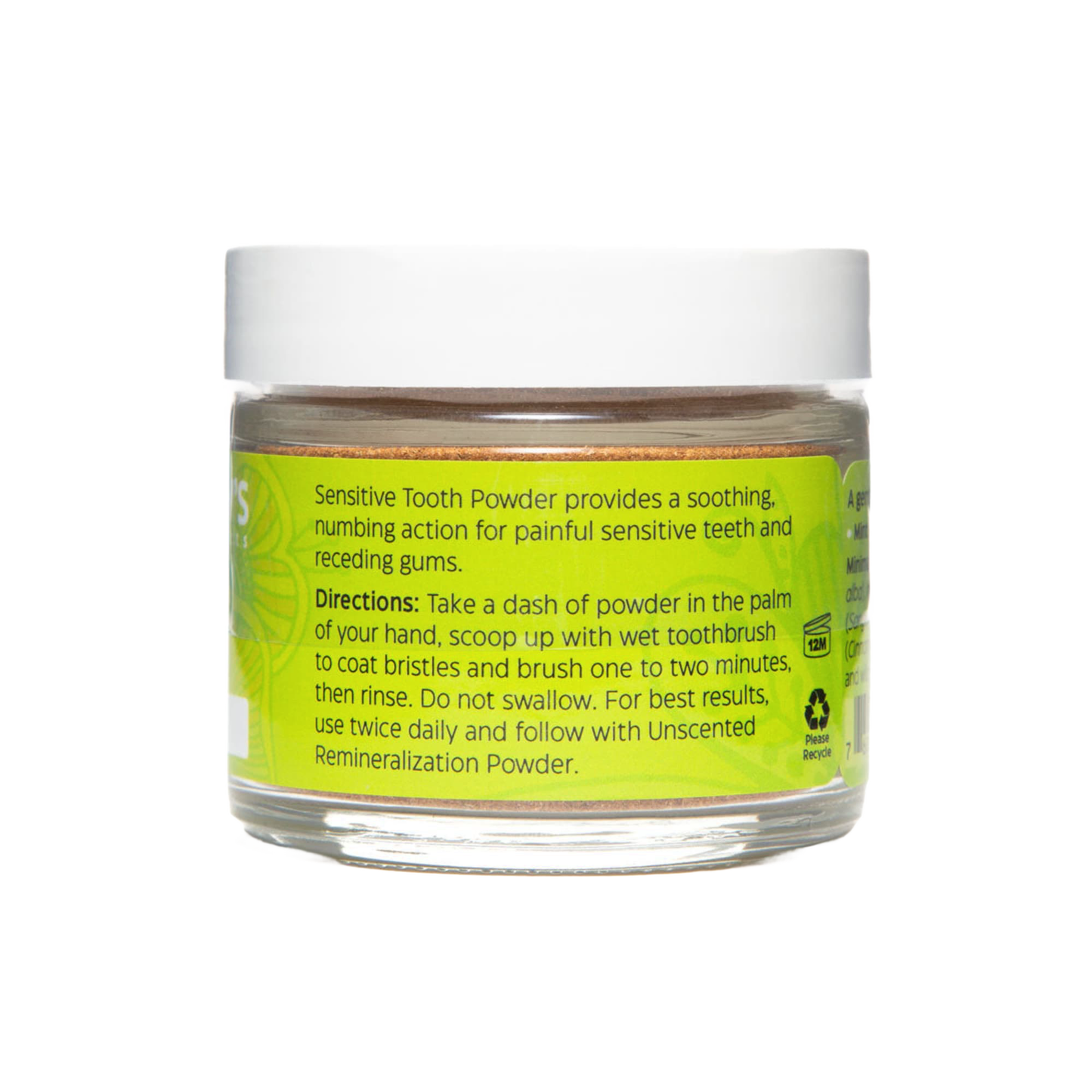 Clear jar of handcrafted tooth powder with white lid, featuring label that describes soothing, numbing action for sensitive teeth and directions for use, ideal for Health & Wellness, Health Remedies, Grooming and Personal Hygiene, USA Made, and Best Sellers collections.