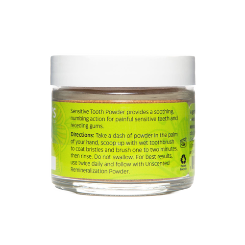 Clear jar of handcrafted tooth powder with white lid, featuring label that describes soothing, numbing action for sensitive teeth and directions for use, ideal for Health & Wellness, Health Remedies, Grooming and Personal Hygiene, USA Made, and Best Sellers collections.