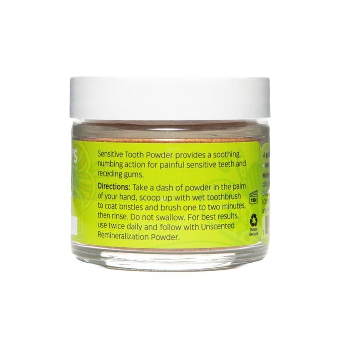 Clear jar of handcrafted tooth powder with white lid, featuring label that describes soothing, numbing action for sensitive teeth and directions for use, ideal for Health & Wellness, Health Remedies, Grooming and Personal Hygiene, USA Made, and Best Sellers collections.