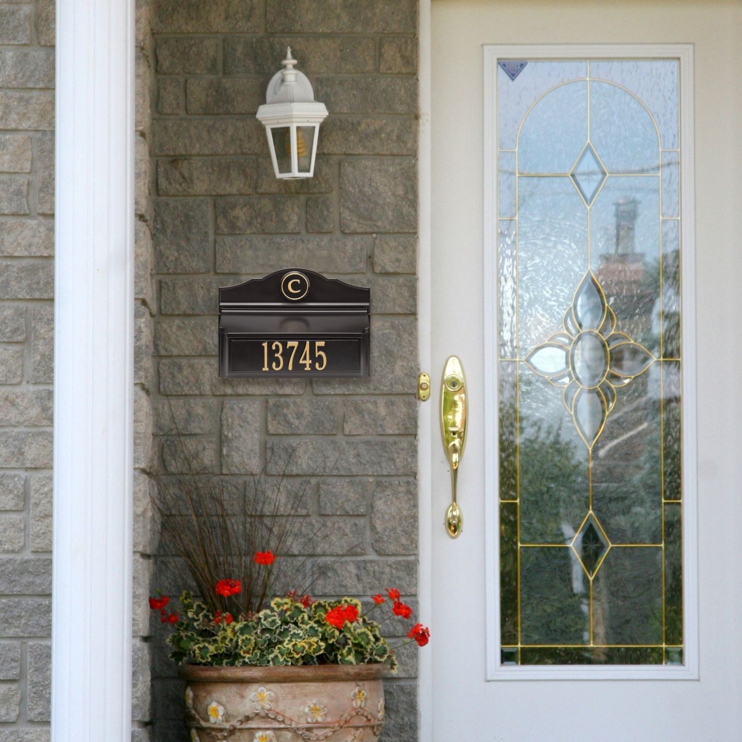 Custom wall mount mailbox in black and gold with personalized house number and monogram, handcrafted in the USA, enhancing curb appeal for Home & Decor and Mailboxes collections.