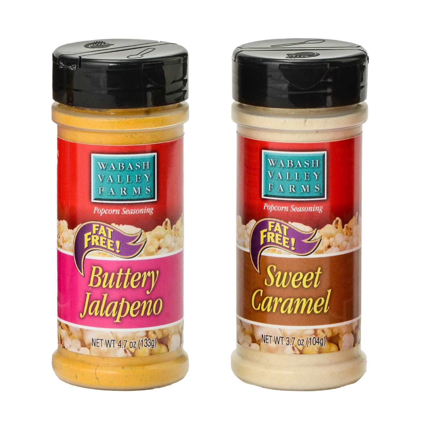 Two handcrafted USA made popcorn seasoning bottles in Buttery Jalapeno and Sweet Caramel flavors, part of Kitchen & Food, Food, Popcorn, Best Sellers, and Promo Eligible collections.