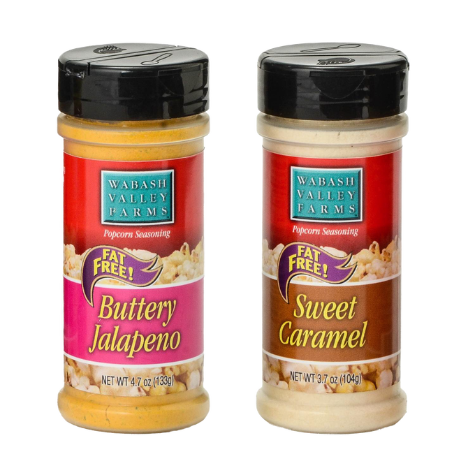 Two handcrafted USA made popcorn seasoning bottles in Buttery Jalapeno and Sweet Caramel flavors, part of Kitchen & Food, Food, Popcorn, Best Sellers, and Promo Eligible collections.
