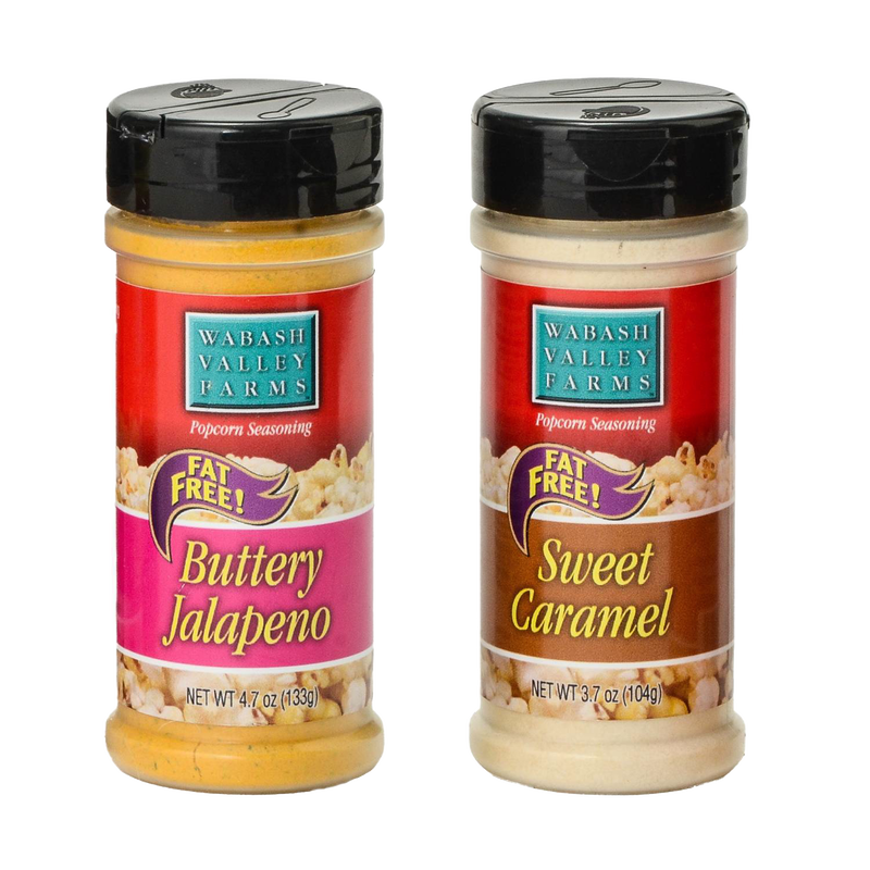 Two handcrafted USA made popcorn seasoning bottles in Buttery Jalapeno and Sweet Caramel flavors, part of Kitchen & Food, Food, Popcorn, Best Sellers, and Promo Eligible collections.
