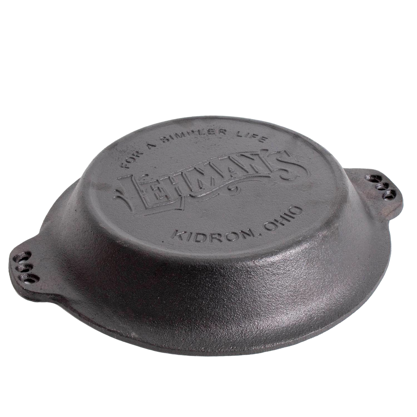 Underside of a handcrafted cast iron pie pan with embossed Lehman’s logo and Kidron, Ohio, highlighting durable Amish-made cookware ideal for Kitchen & Food, Cast Iron, and Baking Supplies collections.
