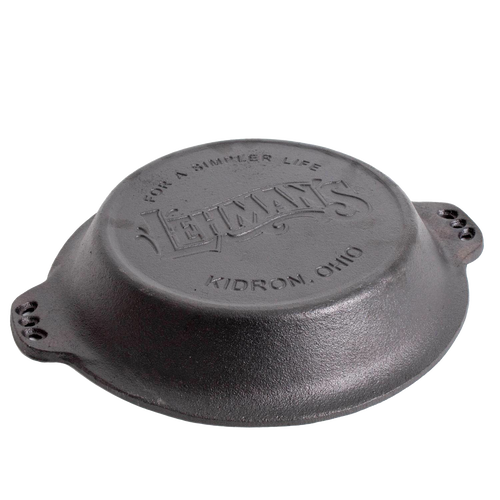 Underside of a handcrafted cast iron pie pan with embossed Lehman’s logo and Kidron, Ohio, highlighting durable Amish-made cookware ideal for Kitchen & Food, Cast Iron, and Baking Supplies collections.