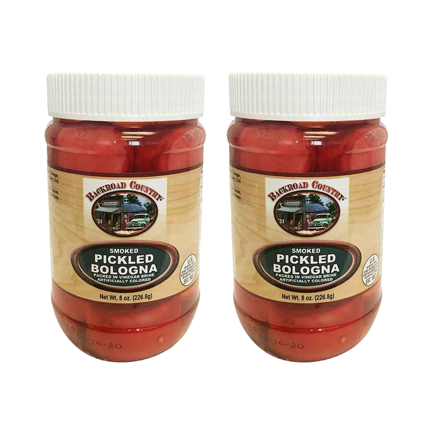 Two jars of handcrafted smoked pickled bologna in clear plastic containers with white lids, featuring rustic Amish Country labeling, part of Kitchen & Food, Meats, USA Made, and Best Sellers collections.