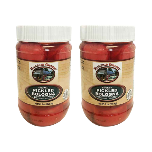 Two jars of handcrafted smoked pickled bologna in clear plastic containers with white lids, featuring rustic Amish Country labeling, part of Kitchen & Food, Meats, USA Made, and Best Sellers collections.