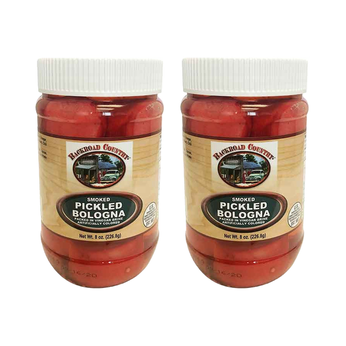 Two jars of handcrafted smoked pickled bologna in clear plastic containers with white lids, featuring rustic Amish Country labeling, part of Kitchen & Food, Meats, USA Made, and Best Sellers collections.