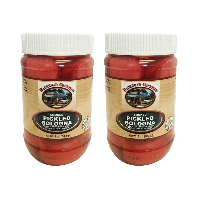 Two jars of handcrafted smoked pickled bologna in clear plastic containers with white lids, featuring rustic Amish Country labeling, part of Kitchen & Food, Meats, USA Made, and Best Sellers collections.