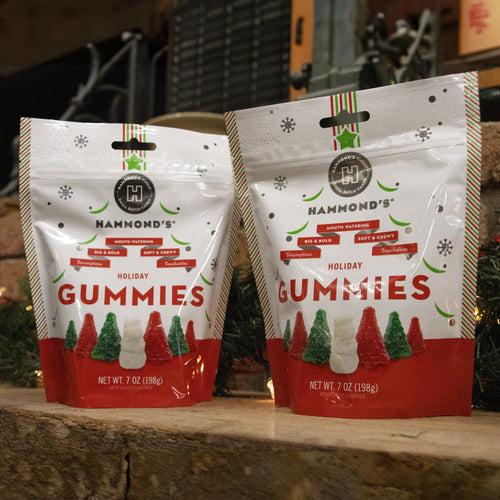 Two 7-ounce bags of handcrafted, USA-made holiday gummies shaped like Christmas trees and snowmen in red, green, and white, perfect for snacks and festive treats.