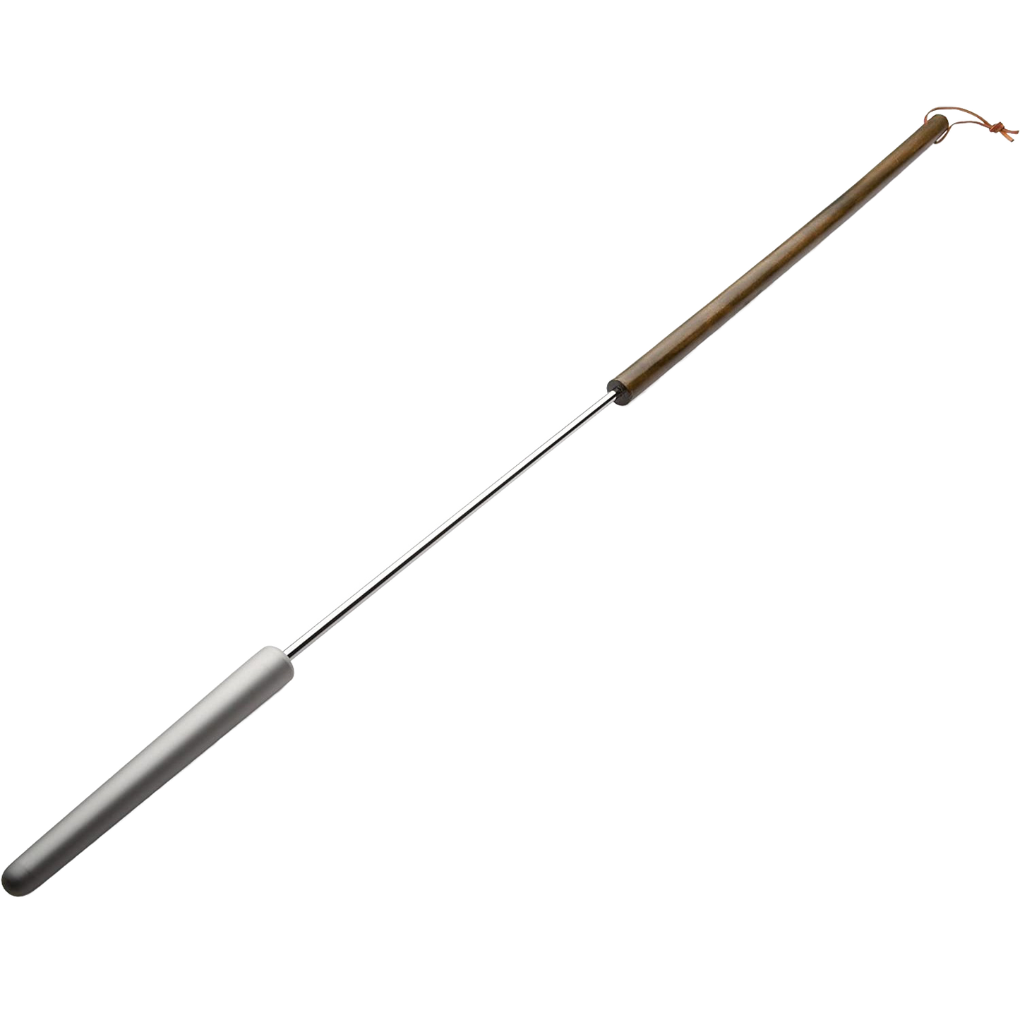 Long handcrafted bread and biscuit stick with a wooden handle and metal shaft, designed for roasting dough over a campfire, ideal for camping and farm tool use.